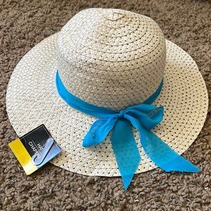 Straw hat with blue ribbon tie